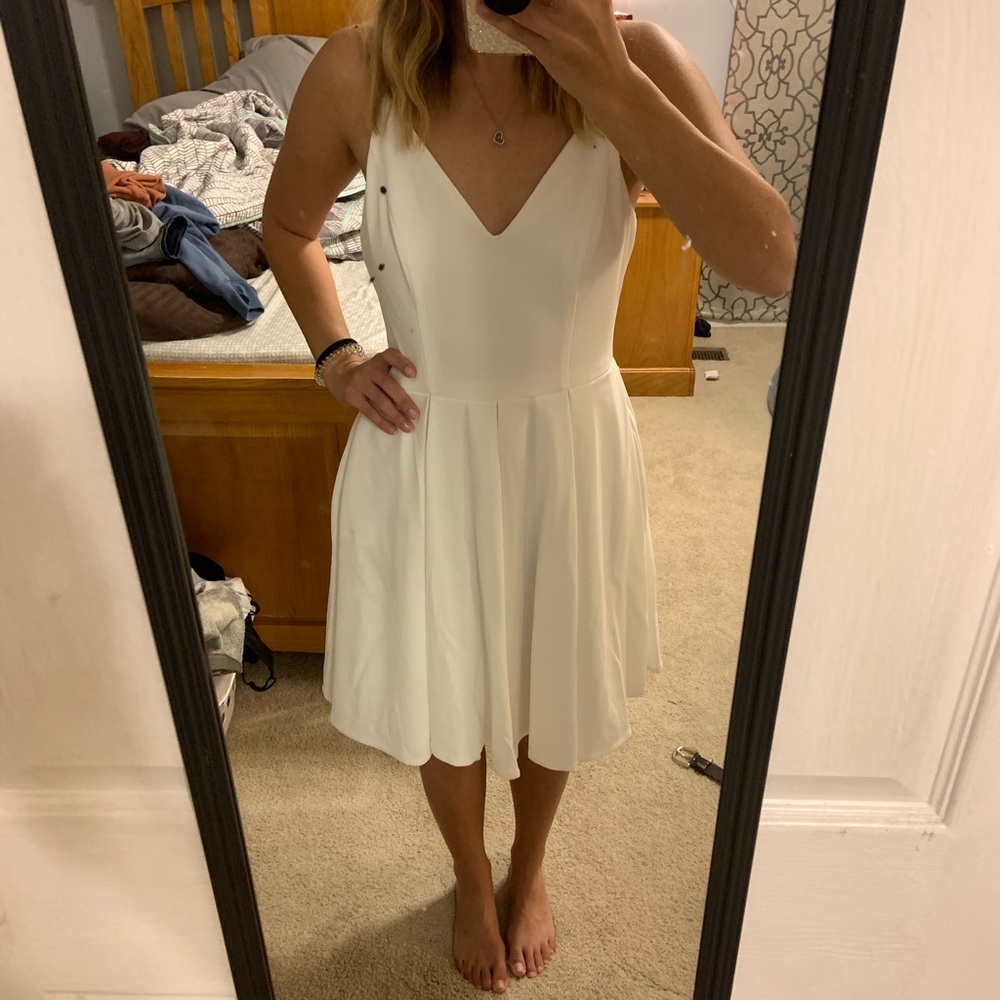 David’s Bridal spaghetti strap stretch crepe fit and flare dress
